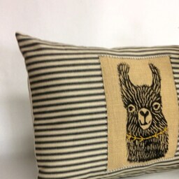 Hand Printed Llama Pillow Striped Cotton Decorative Pillow - thumbnail 2