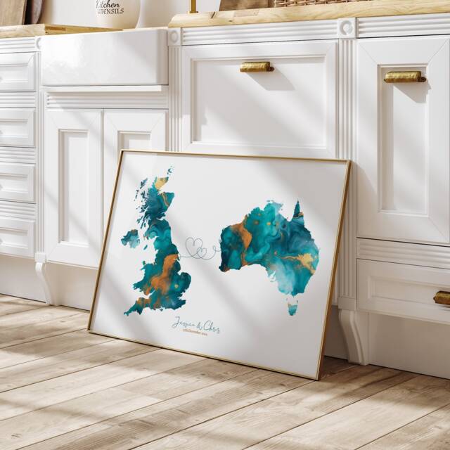 Personalised Map Turquoise & Gold Custom Any Two Countries Green Travel Wall Art Print - Couples Gift Wedding - image 1