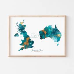 Personalised Map Turquoise & Gold Custom Any Two Countries Green Travel Wall Art Print - Couples Gift Wedding - thumbnail 2