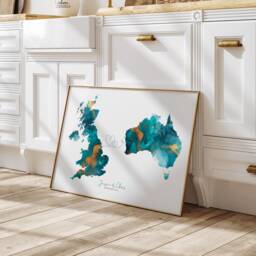 Personalised Map Turquoise & Gold Custom Any Two Countries Green Travel Wall Art Print - Couples Gift Wedding - thumbnail 1