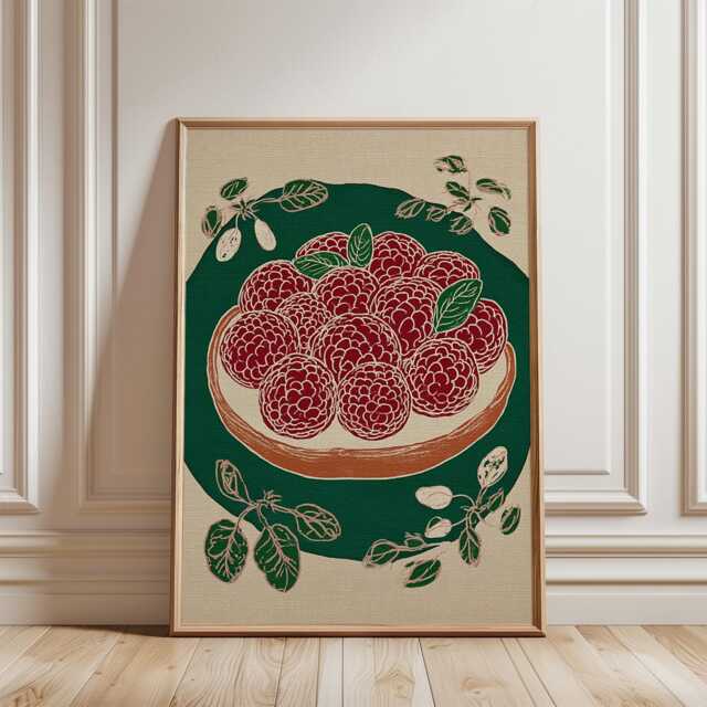 Raspberry Poster - Red Berry Illustration Vintage Botanical Food Art - image 1