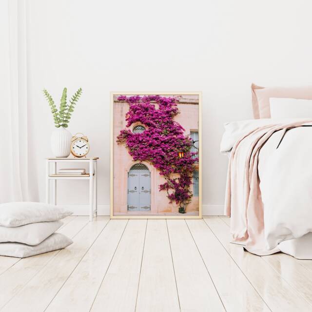Malta Print, Greece Poster, Travel Wall Art, Pink Bougainvillea Floral Print - image 1