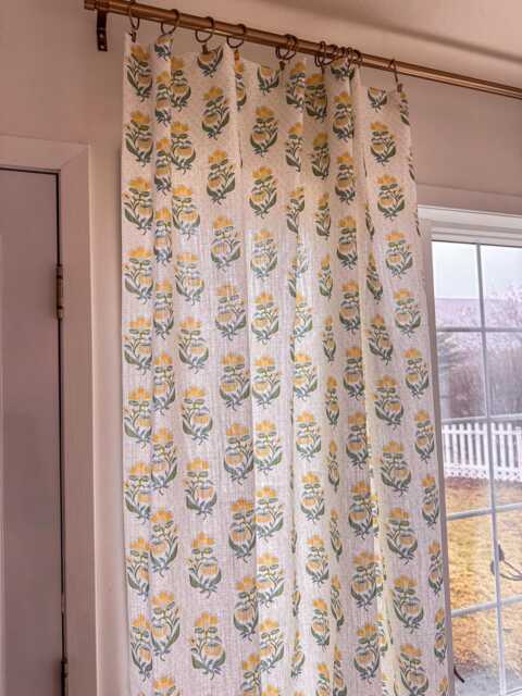 Floral Block Print Curtains Blue, Green & Yellow Linen Drapes - image 1