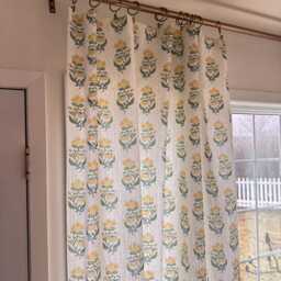 Floral Block Print Curtains Blue, Green & Yellow Linen Drapes - thumbnail 3
