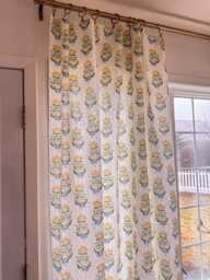 Floral Block Print Curtains Blue, Green & Yellow Linen Drapes