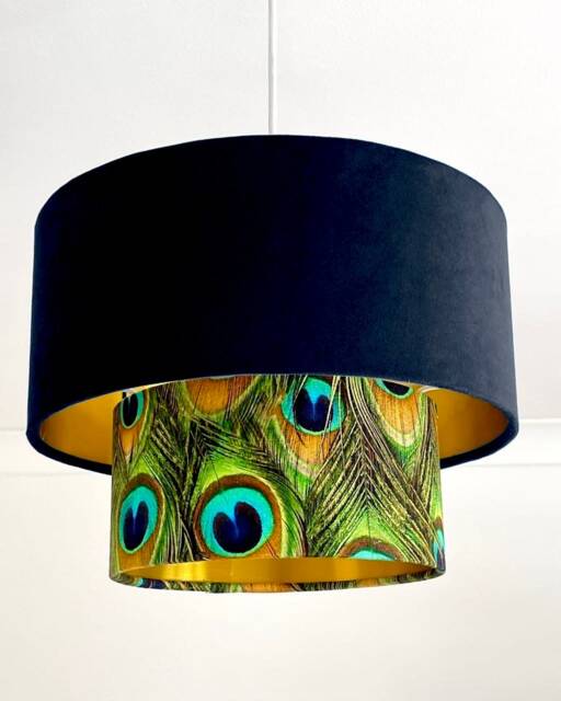 New Luxurious Handmade By Order Dark Blue Velvet & Peacock Feathers Print Two Tier Pendant Lamp Light Shade With Metallic Lining - image 1