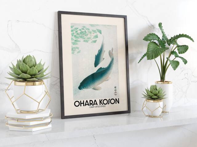 Ohara Koson Carp Or Koi 1926 Japanese Woodblock Print Aquamarine Beige Wall Art Framed Poster For Living Room Zen Inspired Decor - image 1