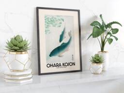 Ohara Koson Carp Or Koi 1926 Japanese Woodblock Print Aquamarine Beige Wall Art Framed Poster For Living Room Zen Inspired Decor - thumbnail 1