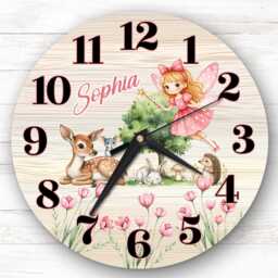 Woodland Animals Pink Fairy Personalised Gift For Kid's Bedroom Clock - Kids Clock, Children's , Custom Wall