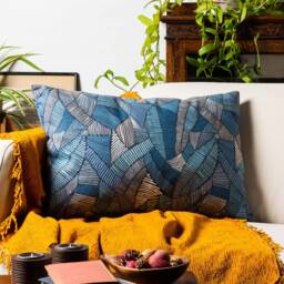 Botanic Abstract Leaf Xl Rectangular Cushion in Blue. Denim, Navy & Teal Blue Eco-Friendly Cotton & Velvet Design. 23X15 - thumbnail 3