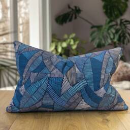 Botanic Abstract Leaf Xl Rectangular Cushion in Blue. Denim, Navy & Teal Blue Eco-Friendly Cotton & Velvet Design. 23X15 - thumbnail 1