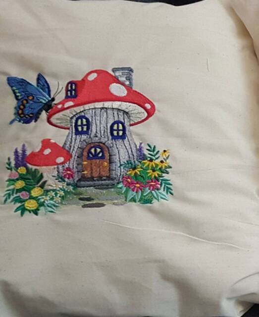 Embroidered Toadstool House Cushion