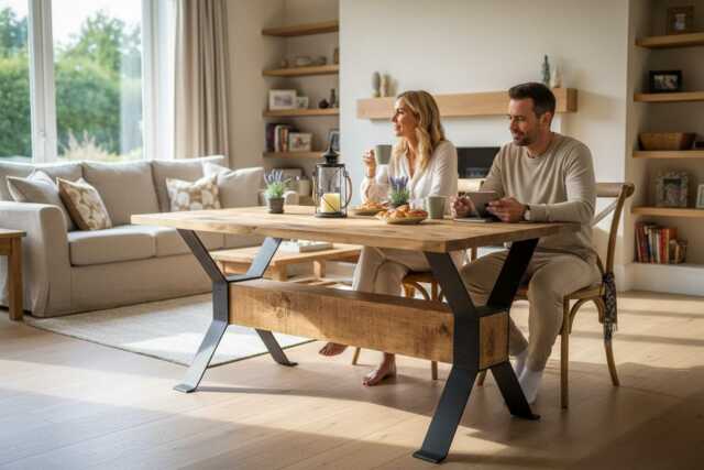 Industrial Steel Straight Edge Dining Table - Log Beam Base - image 1