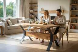 Industrial Steel Straight Edge Dining Table - Log Beam Base - thumbnail 1
