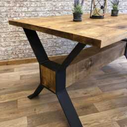 Industrial Steel Straight Edge Dining Table - Log Beam Base - thumbnail 4