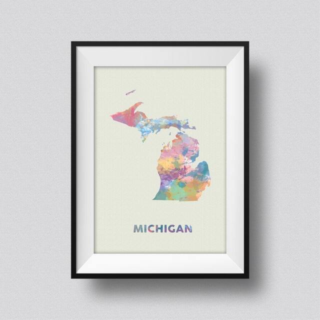 Michigan Map Usa Watercolor Art Print Ink Splash Poster Canvas