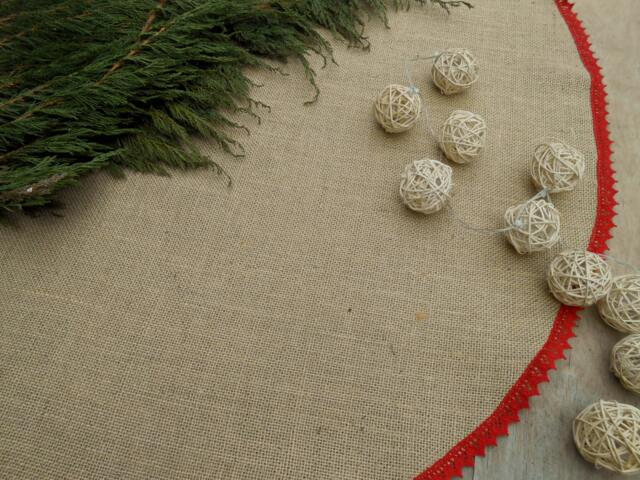 Burlap Christmas Tree Skirt With Red Linen Lace Rustic Farmhouse Holiday Decor - image 1