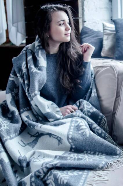 Personalized Wool Blend Throw Blanket Gray Deer & Snowflake Design - image 1