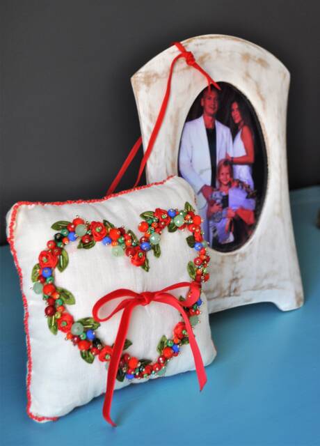 Wedding Rings Pillow, Embroidered Jewel Linen White Natural Stone Pillow - image 1