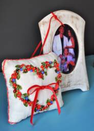 Wedding Rings Pillow, Embroidered Jewel Linen White Natural Stone Pillow - thumbnail 1
