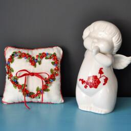 Wedding Rings Pillow, Embroidered Jewel Linen White Natural Stone Pillow - thumbnail 2