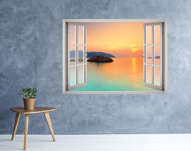 Island Sunset View Wall Decal - Landscape Art Ocean 3D Window Nature Frame Decor - image 1