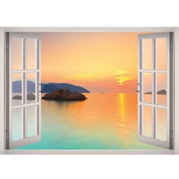Island Sunset View Wall Decal - Landscape Art Ocean 3D Window Nature Frame Decor - thumbnail 2