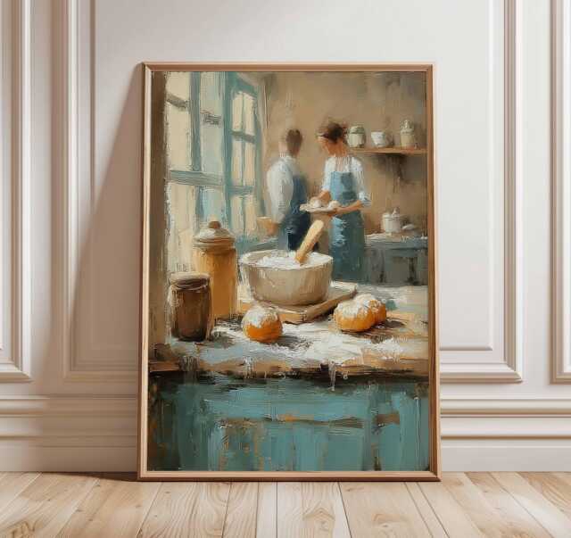 Rustic Kitchen Still Life Art Print - Bread & Flour Oil Painting Poster Farmhouse Country Wall Cozy Cottage Home Decor - image 1