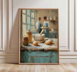Rustic Kitchen Still Life Art Print - Bread & Flour Oil Painting Poster Farmhouse Country Wall Cozy Cottage Home Decor - thumbnail 1