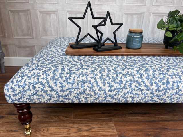 Large Upholstered Footstool in Blue & White Fabric Coffee Table Patterned Large Footstool. Ottoman On Castor Legs - image 1