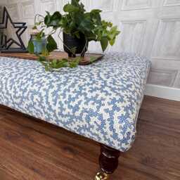 Large Upholstered Footstool in Blue & White Fabric Coffee Table Patterned Large Footstool. Ottoman On Castor Legs - thumbnail 3
