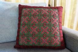Burgundy Hmong Pillow Cover 24x24, Hand-Appliqu??d Quilted Cotton Cushion, Artisan Textile Decor, Crafted For Statement Interiors