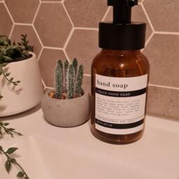 Clean & Modern Minimal Foaming Hand Soap/Hand Wash Dispenser, Amber Glass With Matt Black & Stainless Steel Metal Pump , Waterproof Label - thumbnail 4