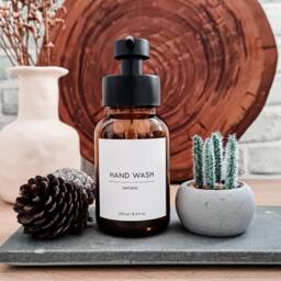 Clean & Modern Minimal Foaming Hand Soap/Hand Wash Dispenser, Amber Glass With Matt Black & Stainless Steel Metal Pump , Waterproof Label - thumbnail 3