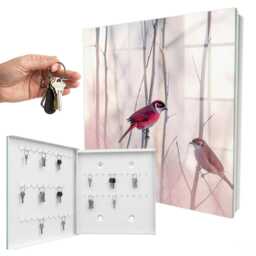 Two Birds Wall Mounted Key Cabinet, Red Industrial Box, Minimalist Nature, For Lovers Of Nature & Elegance - thumbnail 2