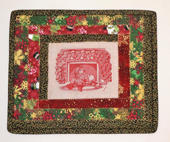 Santa Quilted Wall Hanging, Table Topper, Toile Embroidery, Christmas Quilt, Holiday Tablecloth, Quilt - image 1