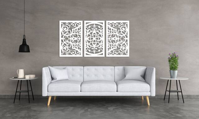 3D Stylish Wood Wall Art Decor, Florelle, Triptych, Openwork Floral Design, Ornament Picture, Wooden Panel, 72 X 120 cm - image 1
