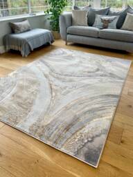 Beige Silver Grey Marble Shimmer Sheen Effect Modern Rug Silky Soft Chic Design Area Mat
