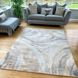 Beige Silver Grey Marble Shimmer Sheen Effect Modern Rug Silky Soft Chic Design Area Mat - thumbnail 2