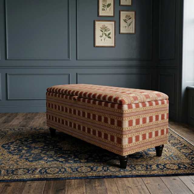 Ottoman Storage Bench in James Hare Paxton Fabric Red Gold Upholstery With Wooden Legs - image 1