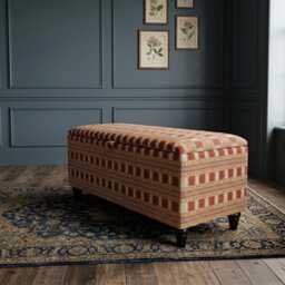Ottoman Storage Bench in James Hare Paxton Fabric Red Gold Upholstery With Wooden Legs