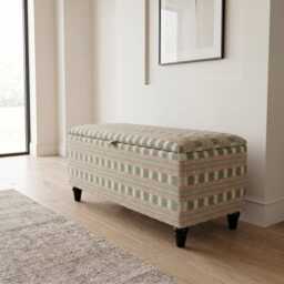 Ottoman Storage Bench in James Hare Paxton Fabric Red Gold Upholstery With Wooden Legs - thumbnail 2