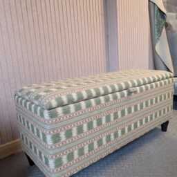 Ottoman Storage Bench in James Hare Paxton Fabric Red Gold Upholstery With Wooden Legs - thumbnail 3