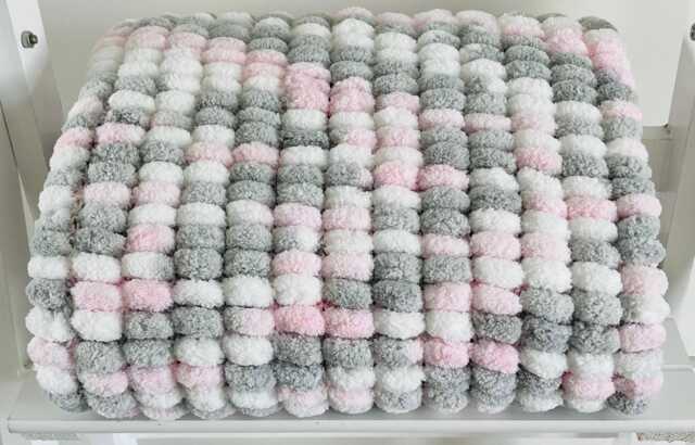 Hand Knitted Pom Baby Blanket - White/Grey/Baby Pink Car Seat Size - Approx 43cmx52cm - image 1