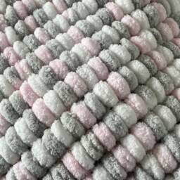Hand Knitted Pom Baby Blanket - White/Grey/Baby Pink Car Seat Size - Approx 43cmx52cm - thumbnail 2