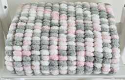 Hand Knitted Pom Baby Blanket - White/Grey/Baby Pink Car Seat Size - Approx 43cmx52cm
