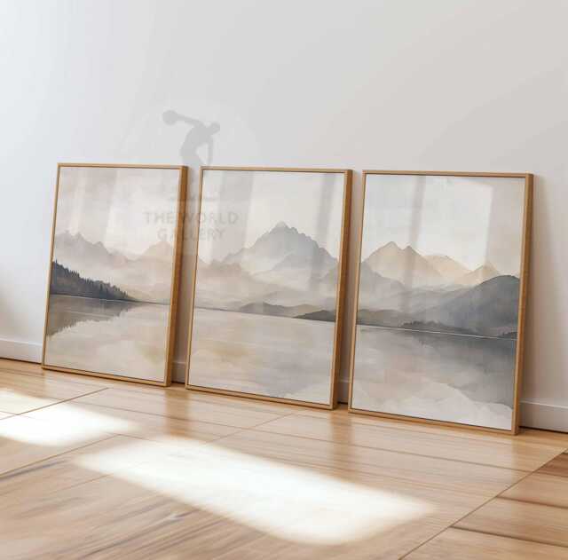 Watercolour Landscape Print Set Of 3, Minimalist Wall Art, Rustic Abstract Neutral Poster, Beige Brown Blue - image 1