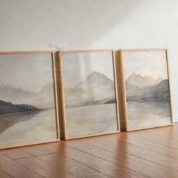 Watercolour Landscape Print Set Of 3, Minimalist Wall Art, Rustic Abstract Neutral Poster, Beige Brown Blue - thumbnail 2