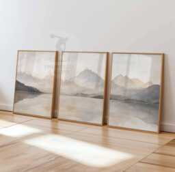 Watercolour Landscape Print Set Of 3, Minimalist Wall Art, Rustic Abstract Neutral Poster, Beige Brown Blue - thumbnail 1