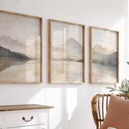 Watercolour Landscape Print Set Of 3, Minimalist Wall Art, Rustic Abstract Neutral Poster, Beige Brown Blue - thumbnail 3